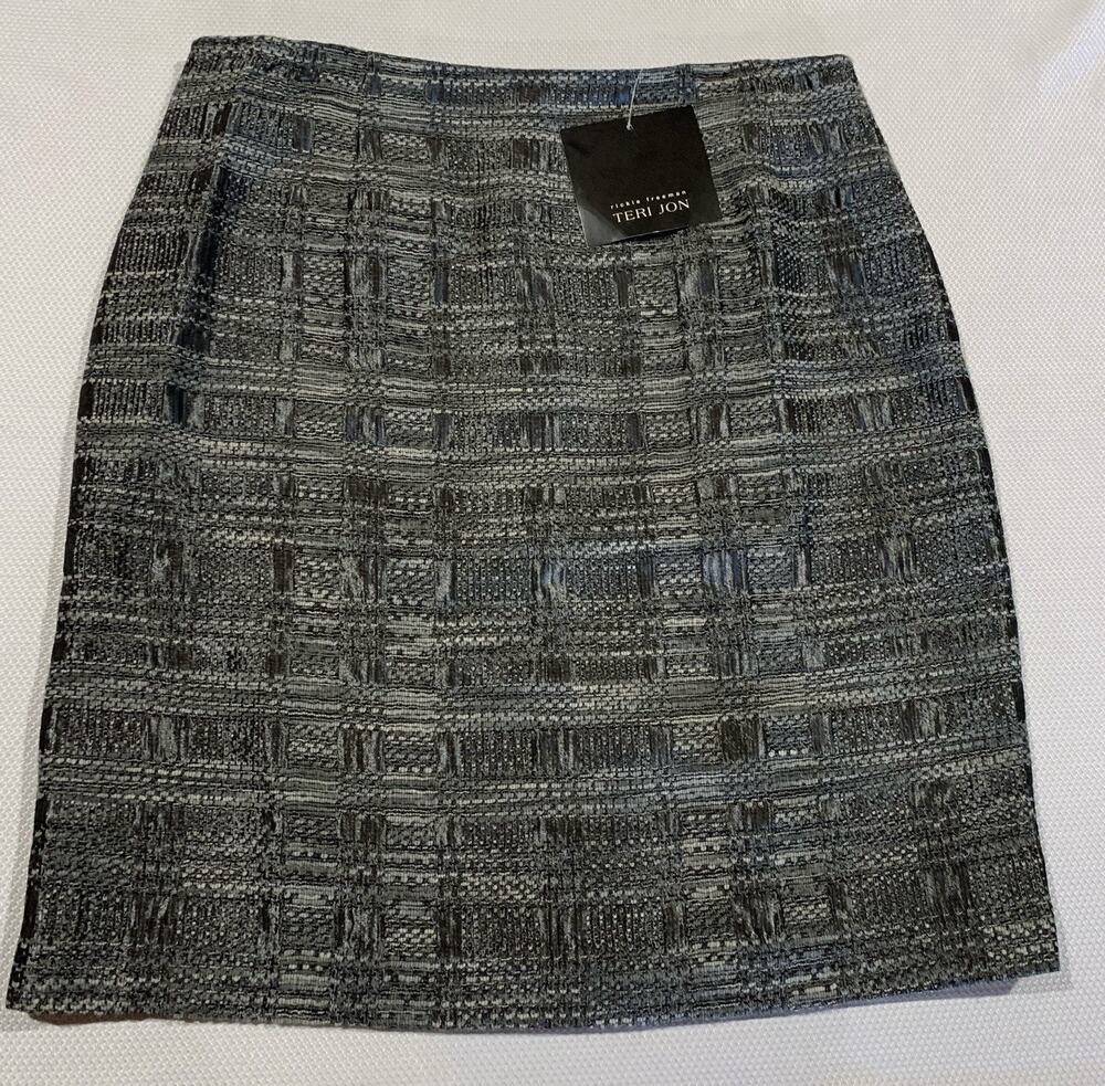 Rickie Freeman Teri Jon Metallic Tweed Skirt 14 Silver Black Style 45-4621/S